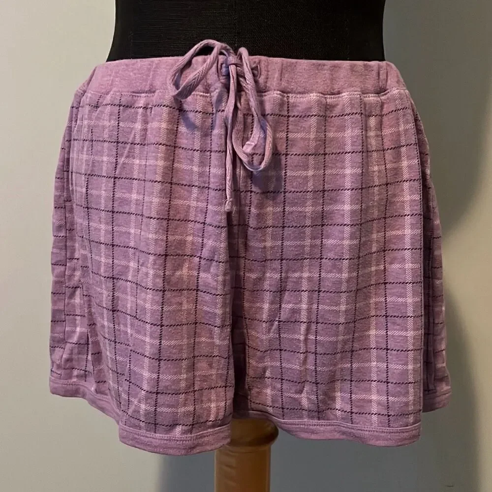 Jockey Womens Lavender Short Sleeve V-Neck Top Plaid Shorts Lounge Set